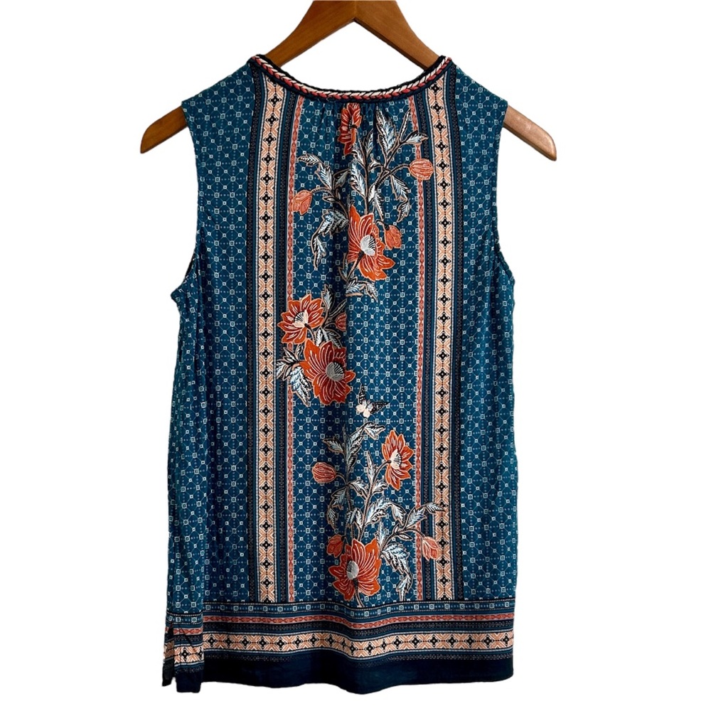 Daniel Rainn Blue & Orange Floral Camisole Shell, Boho Tasseled Tank Top, Medium - Picture 3 of 8